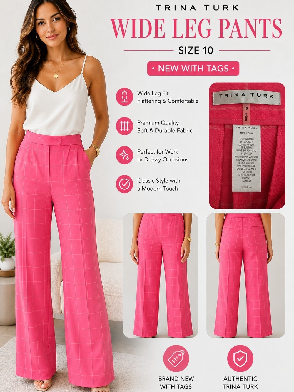 Trina Turk Pink Wide Leg Pants – Size 10 – Windowpane Print